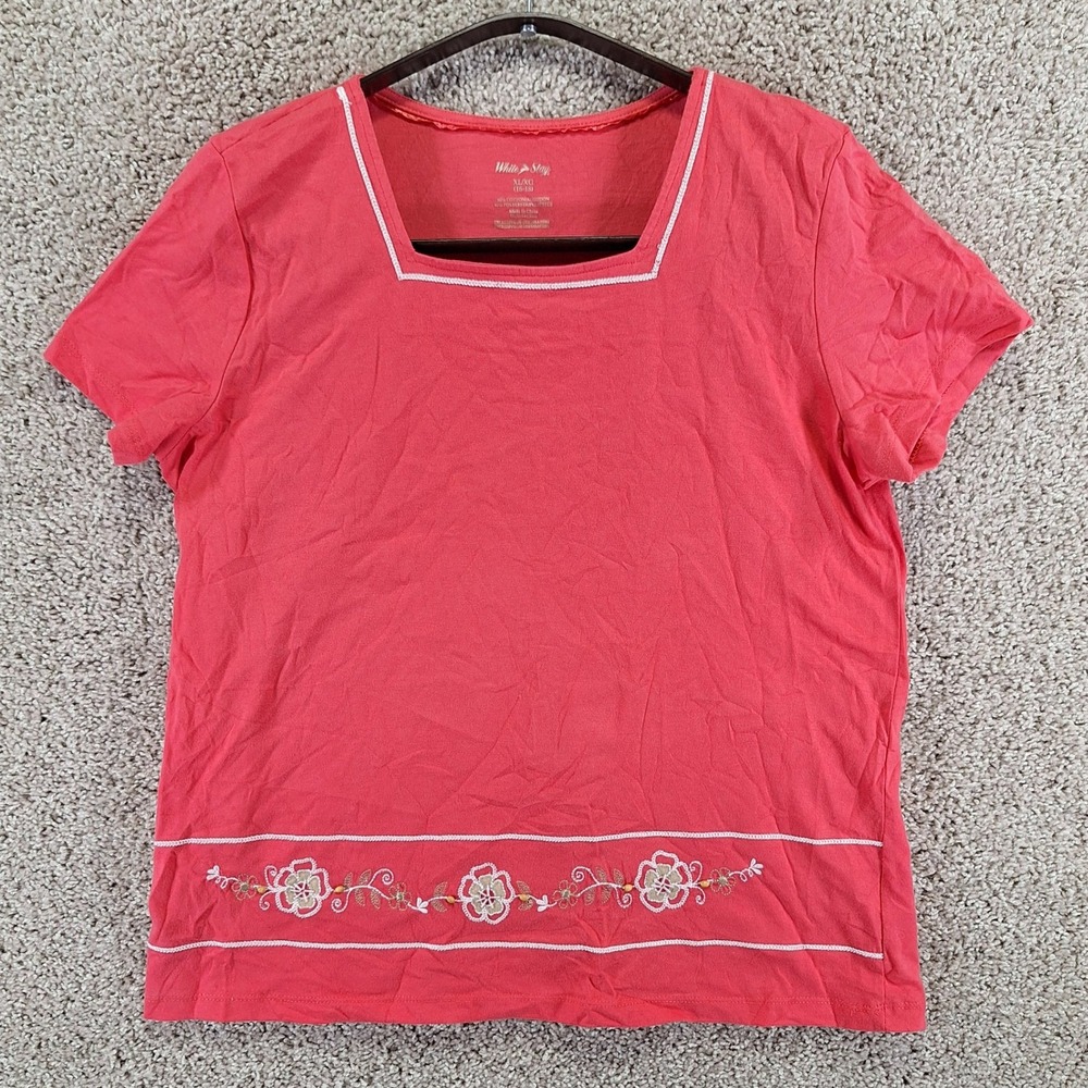 White Stag T-Shirt Womens XL Red Geranium Floral Embroidered Square Neck Casual